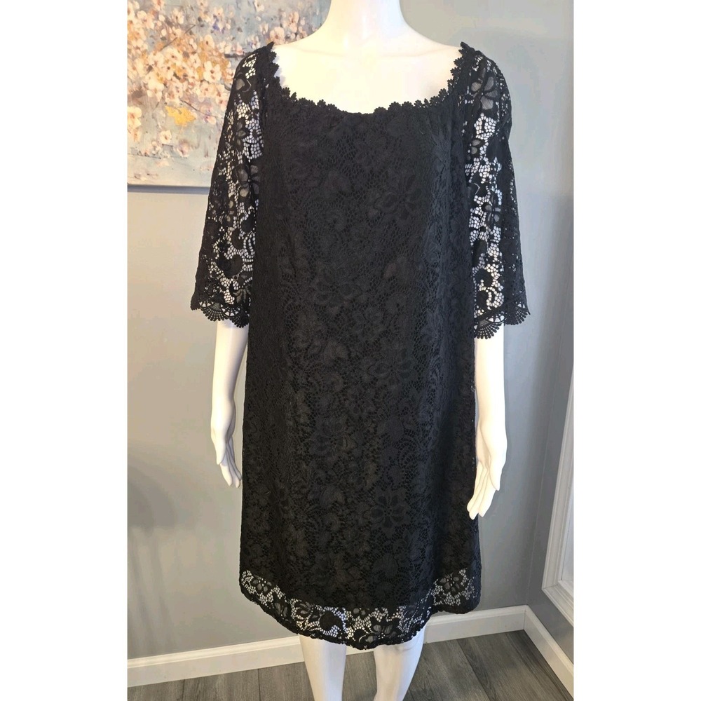 OURS Black Floral Lace Shift Dress XXL Scalloped Neckline 3/4 Sleeve Cocktail